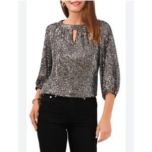 Vince Camuto Raglan Sleeve Keyhole Sequin Blouse Top Silver Women's Plus 1X NWT